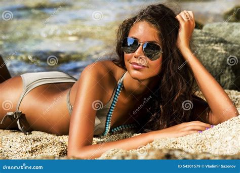 Beautiful Model Relaxing On A Beach Stock Image Image Of Copyspace