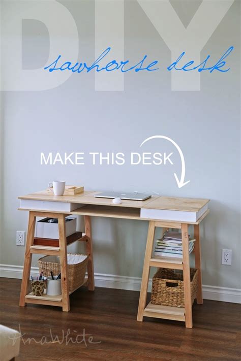 Diy computer desk case, designs, for small spaces, for two, ideas, ikea, into vanity, legs, plans, wood, battlestation, blueprints, build, cable management, cheap, corner, decor, hacks, home depot ashley followed plans from ana white and saved over $400 by building the desk herself! Ana White | Sawhorse Storage Leg Desk - DIY Projects