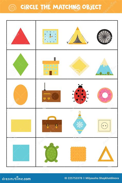 Worksheet For Learning Geometrical Shapes Matching Objects Stock