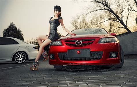 Wallpaper Look Girls Mazda Asian Beautiful Girl Red Car Beautiful Dress Posing On The Car