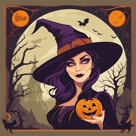 premium ai image halloween witch with hat vector art illustration