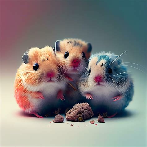 Three Hamsters With A Bowl Of Food On A Gray Background Ai Generative