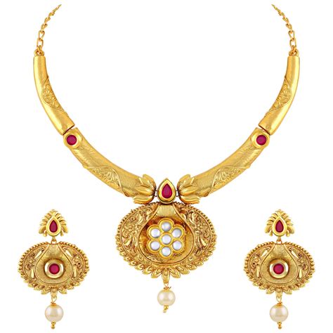 asmitta traditional flower design gold plated matinee style necklace