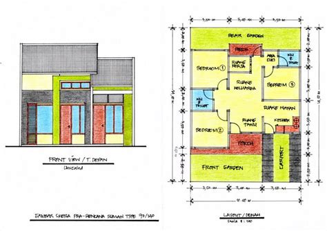 Desain rumah minimalis untuk renovasi rumah hook type 21/60. Gambar 1 – Denah/Layout dan Tampak Depan Rumah Type 70 ...