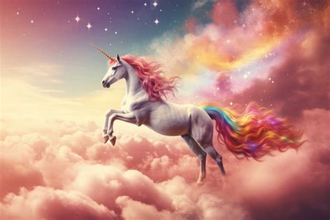 Unicorn Jumping Over Rainbow Clouds Free Stock Photo Picjumbo