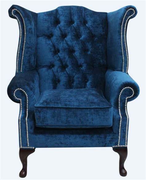 Petrol Blue Chesterfield Queen Anne High Back Wing Chair Designersofas4u