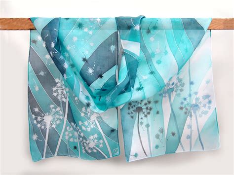 Turquoise Silk Scarf With Dandelions Hand Painted Scarves Etsy