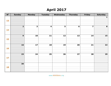 Calendar by hippie projects 18 months in total you can choose the starting month features federal holidays us and can calendars: April 2017 Calendar | WikiDates.org