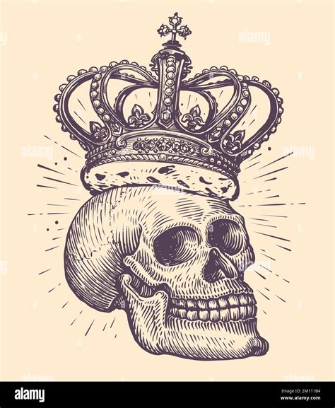 Human Skull With King Crown Hand Drawn Sketch In Vint