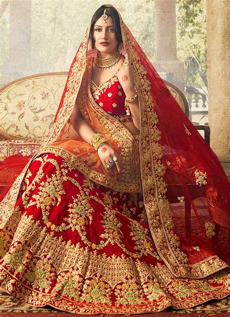 Buy Red Color Silk Velvet And Net Wedding Lehenga Choli In Uk Usa And