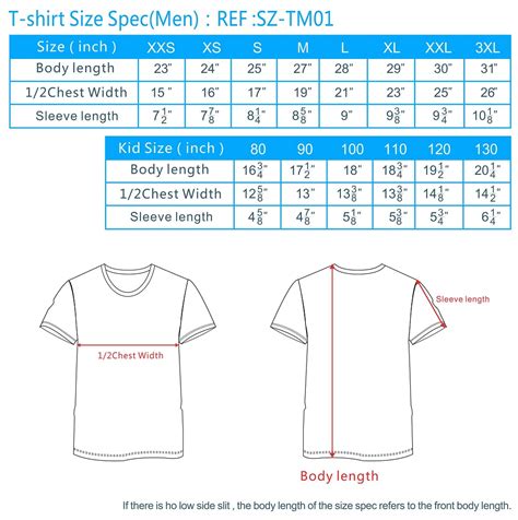 T Shirt Size T Shirt Standard Size Custom T Shirt Size