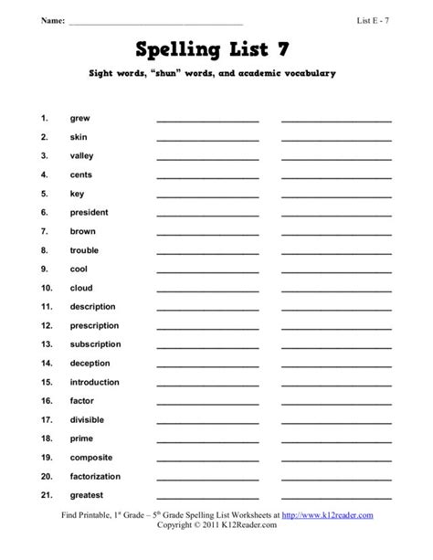 Spelling List 7 Sight Words Shun Words And Academic Vocabulary