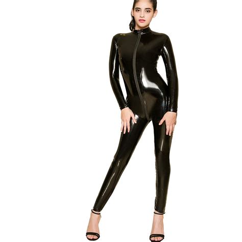 Buy IWEMEK Women Wet Look Jumpsuit Faux Leather Catsuit Zipper Crotch