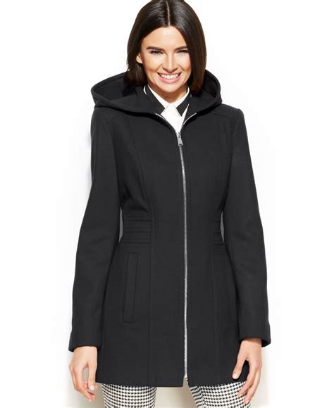 Lyst Anne Klein Hooded Wool Blend Zip Front Walker Coat In Black
