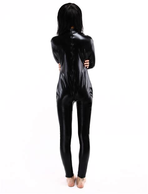 Halloween Morph Suit Black Shiny Metallic Catsuit Milanoo Com