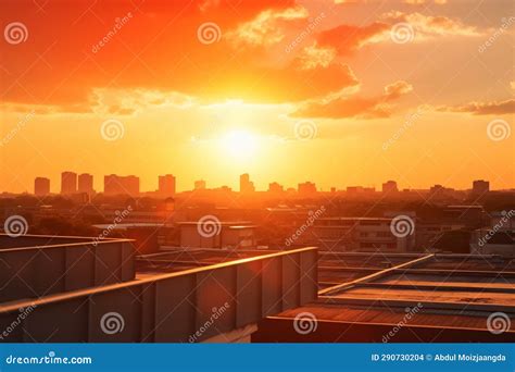 Urban Rooftop View during a Scorching Summer Heatwave at Sunset Stock
