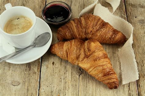 Hd Wallpaper Bread And Latte Breakfast Food Coffee Croissants