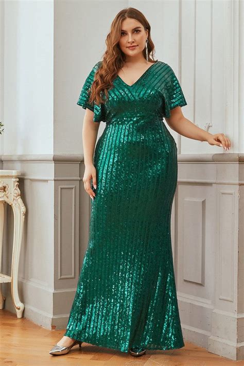 plus size green sequins mermaid evening dress classy with puffy sleeves 72 48 ep00413dg16
