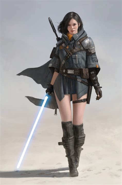 A Woman Dressed In Star Wars Clothing Holding A Lightsaben And Standing