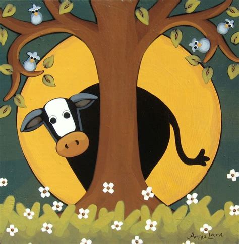 Cowhide Whimsical Cow Art Painting By Annie Lane Folk Art Yessy