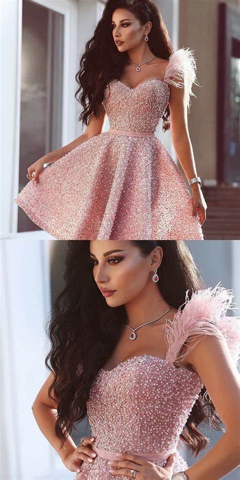 sweetheart a line pink beaded short prom dress with feathers s411 prom dresses simple prom