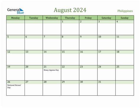 Fillable Holiday Calendar For Philippines August 2024