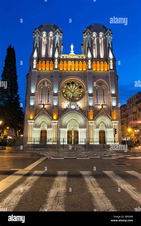 Basilica Of Notre Dame De Nice Illuminated At Night In City Of Nice In