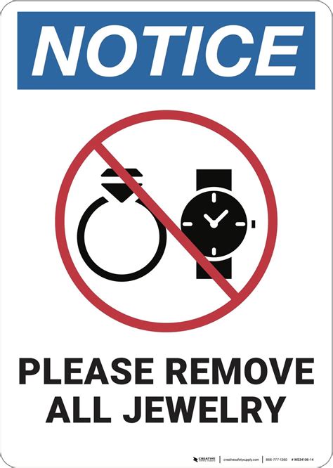 Notice Please Remove Jewelry Ansi Wall Sign