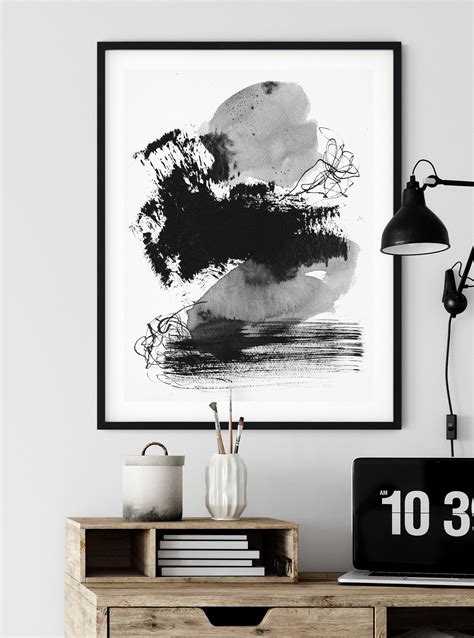 Abstract Watercolor And Ink Painting Printable Wall Art Black And White