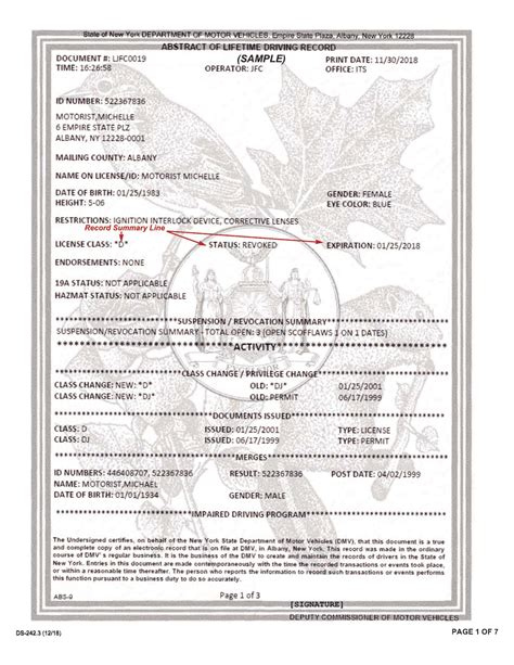 NYS DMV Form DS-242.3. Description of Abstract of Lifetime Driving