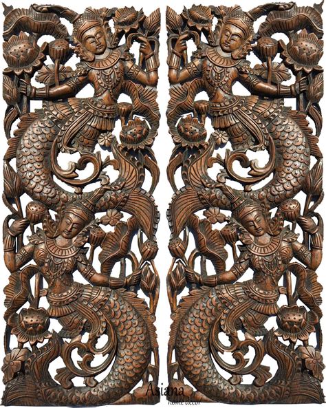 Asiana Home Decor Traditional Thai Figure Carved Wood Wall Panels Dark