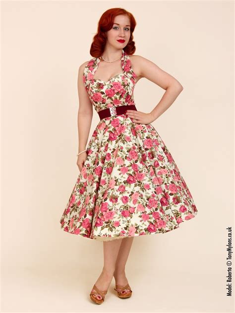 1950s Halterneck Cream Tea Rose Dress From Vivien Of Holloway