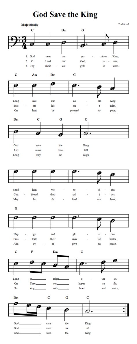 God Save The King Beginner Bass Clef Sheet Music With Chords And Lyrics