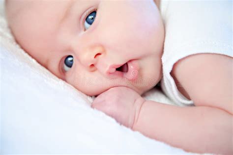 Cute Newborn Baby Lying In Bed Stock Photo Image Of Cheerful Care