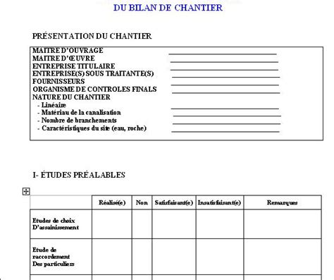 Fiche Bilan Chantier Format Doc Cours Génie Civil Outils Livres