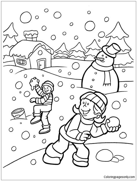 Kids Playing Snow Winter Coloring Page Free Printable Coloring Pages