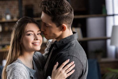 Boyfriend Kissing Girlfriend And She Looking Stock Image Image Of