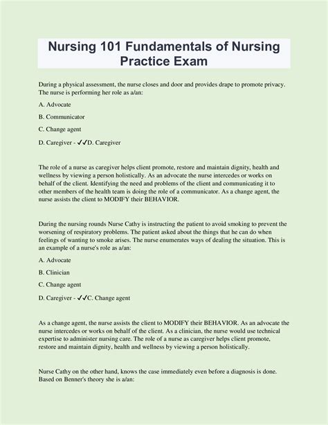 Nursing 101 Fundamentals Of Nursing Practice Exam 50 Questions With