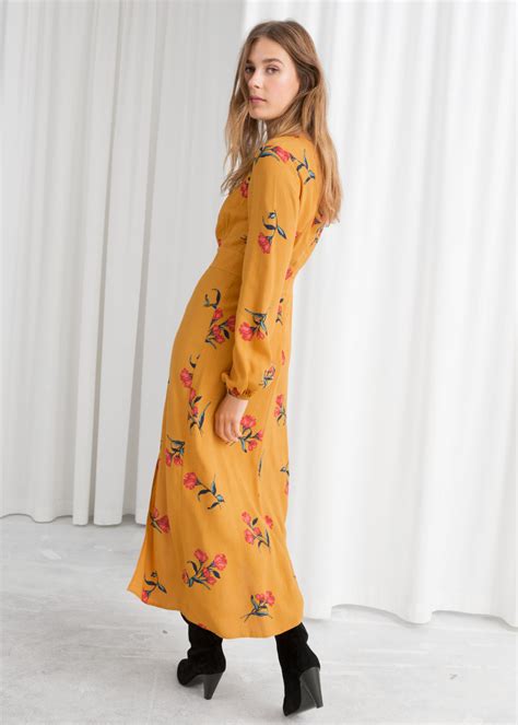 floral long sleeve midi dress yellow floral midi dresses and other stories