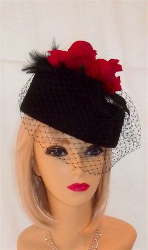 Vintage 1940s 50s Style Black Pillbox Veil Hat Races Wedding Face Net