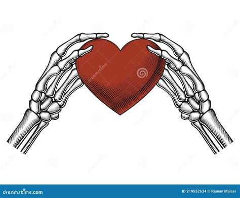 The Skeleton`s Hands Are Holding A Red Heart Stock Vector