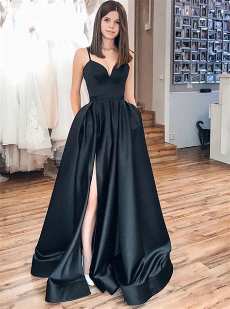 Simple Black Satin Long Prom Dresses Side Slit Elegant Evening Dress