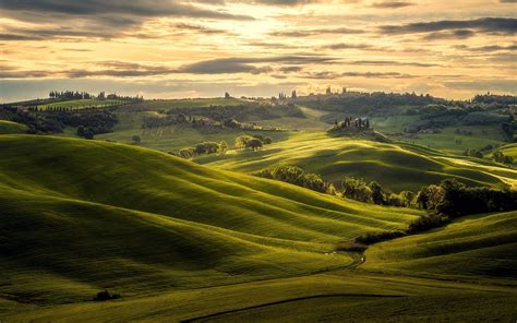Nature Landscape Tuscany Italy Sunset Trees Hill Clouds Field Green