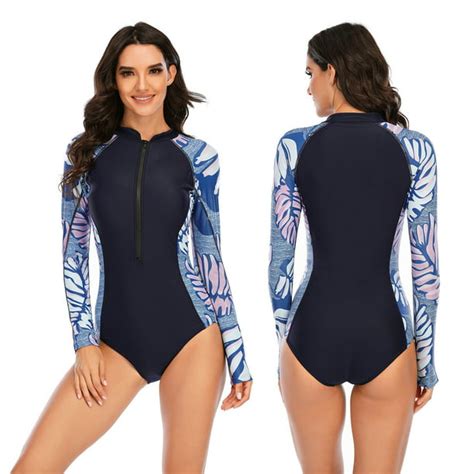 Rash Guard Swimwear For Women One Piece Long Sleeve Swimsuit Zipper Front Bathing Suits L