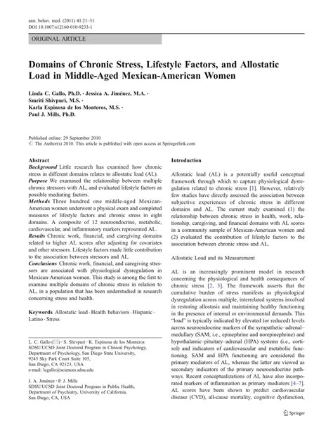 Pdf Domains Of Chronic Stress Lifestyle Factors And Allostatic Load In Middle Aged Mexican