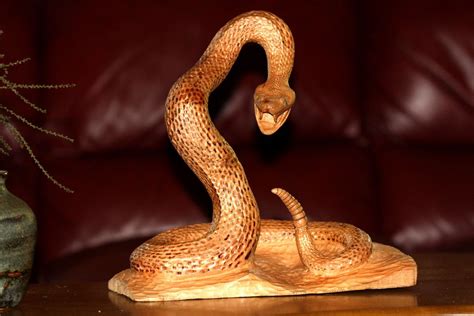 Wood Sculpture Rattlesnake Hand Carved Carving Wood Sculpture