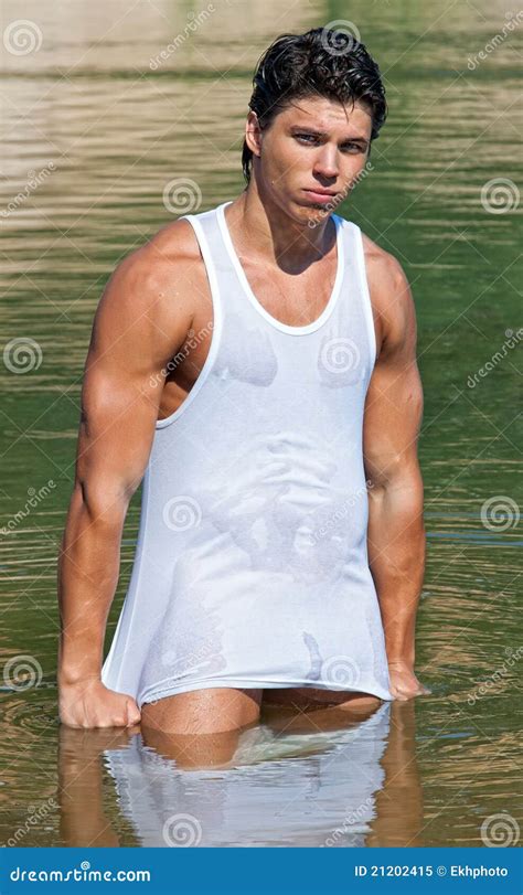 Soggy Naked Muscle Young Guy Standing In Pond Stock Image Image Of