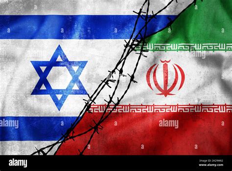 Grunge Flags Of Iran And Israel Divided By Barb Wire Illustration Stock