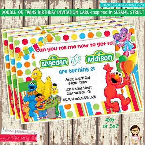 Twins Sesame Street Birthday Party Birthday Invitation Card Sesame Street Printable Elmo