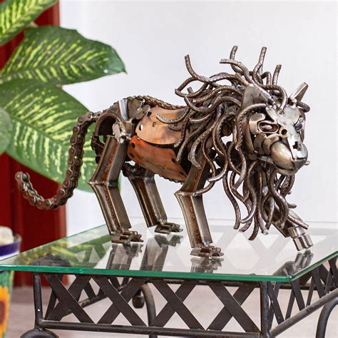 Rustic Recycled Metal Lion Sculpture Prowling Lion Novica